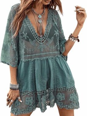 Boho Teal Lace Crochet V-Neck Tunic Dress